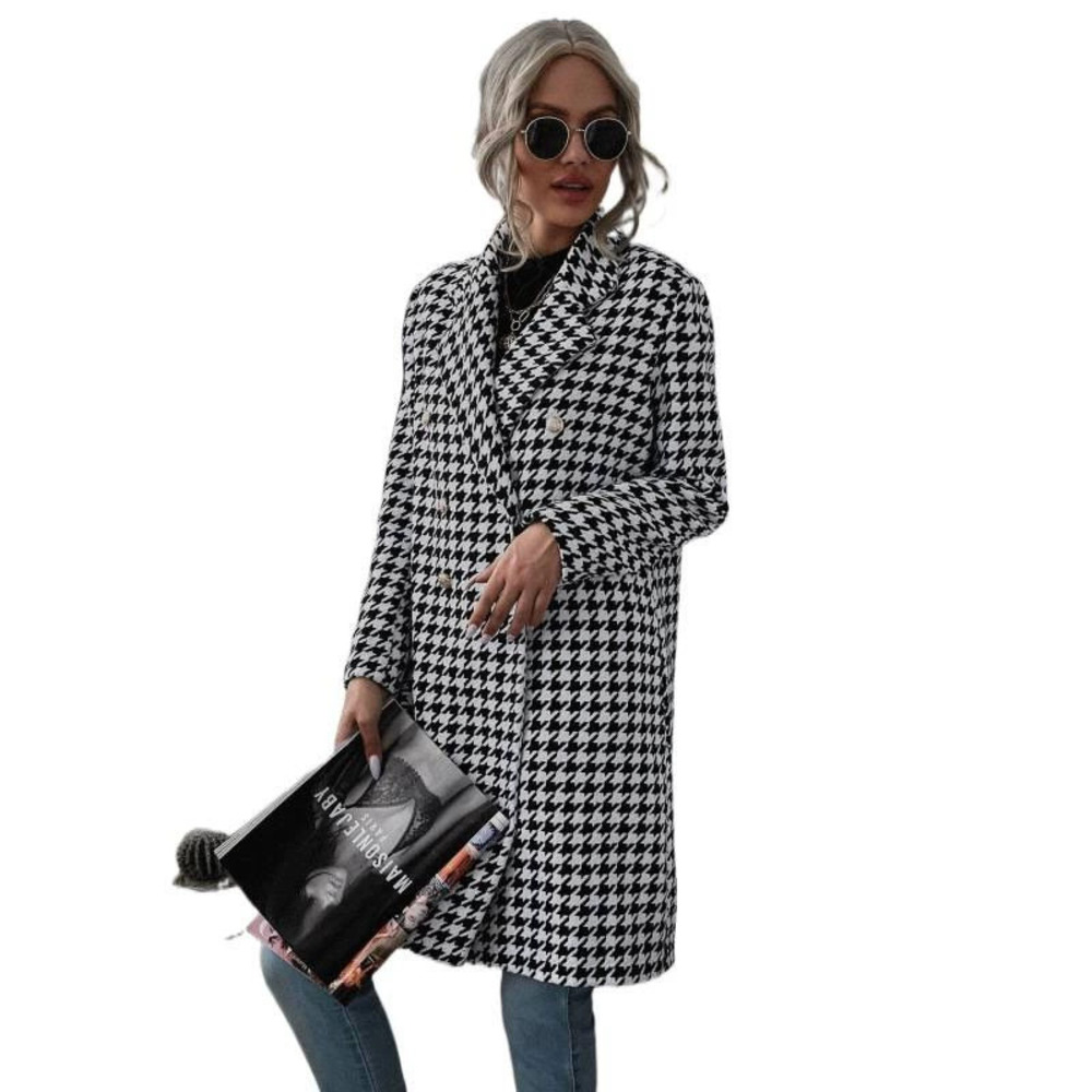 ZARA Fashion Houndstooth Printed Wool Long Coat for Fall Winter